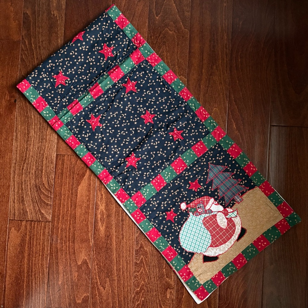 Vintage Quilted Christmas Table Runner Santa Cottage Core Red & Green 66” x 15"